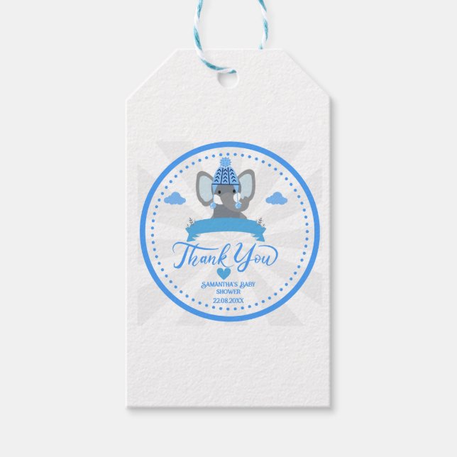 Étiquettes-cadeau Personnalisé Rustic Blue Elephant Baby shower garç (Devant)