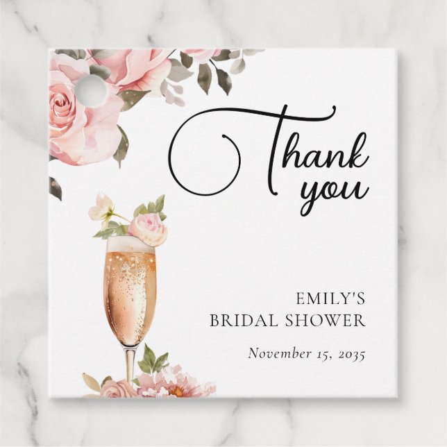 Étiquettes Cadeau Pétales et Prosecco Fête de Mariage Florale (Devant)