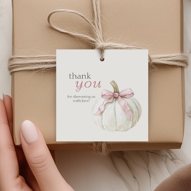Étiquettes Cadeau Petit Baby shower blanc Citrouille rose Bow Merci (Créateur téléchargé)