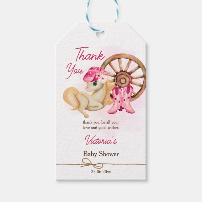 Étiquettes-cadeau Petit baby shower cowgirl merci (Devant)