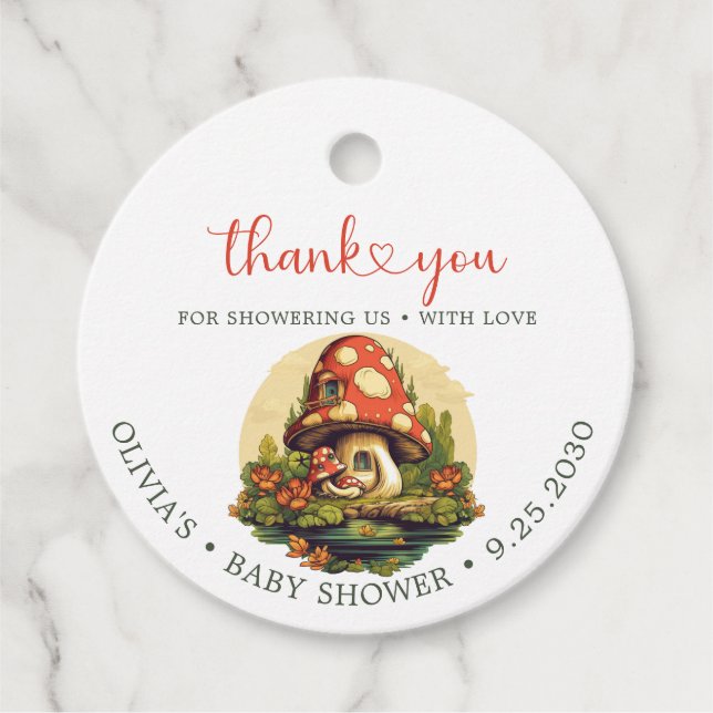 Étiquettes Cadeau Petit Baby shower d'automne de champignons (Devant)
