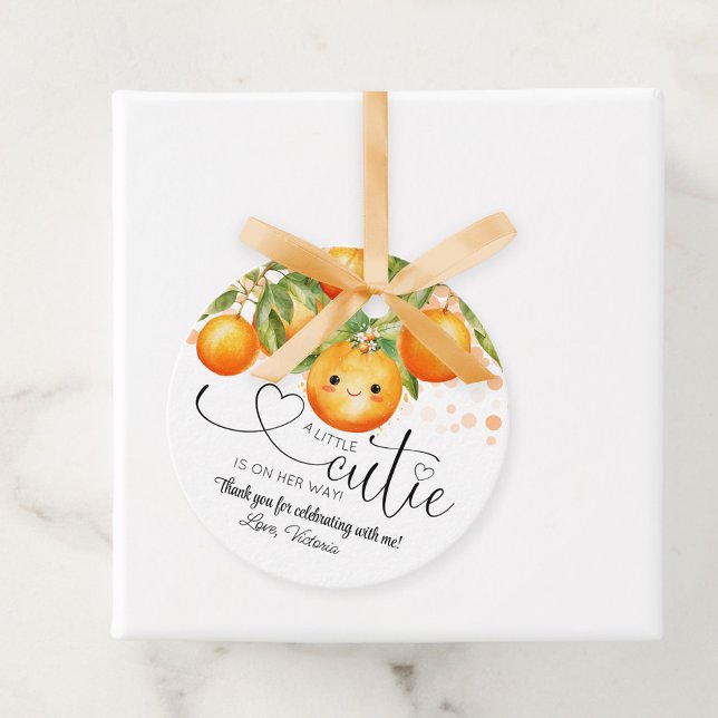 Étiquettes Cadeau Petit Baby shower de Citrus orange Cutie (Little cutie baby shower favor tags.)