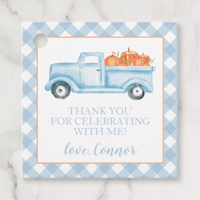 Étiquettes Cadeau Petit Citrouille Pastel Blue camion premier annive (Devant)