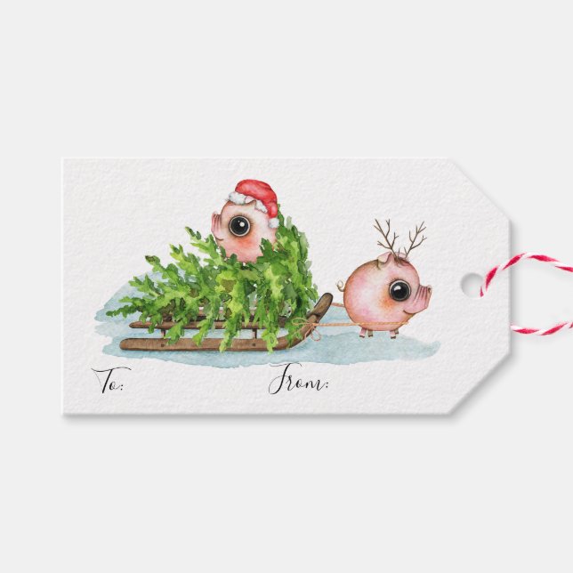 Étiquettes-cadeau Petit cochon de Noël tirant la traîne (Devant (Horizontal))