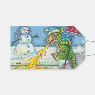 ÉTIQUETTES-CADEAU PETIT DRAGON MELTING & SHOVELING NEIGE, FUNNY CUTE