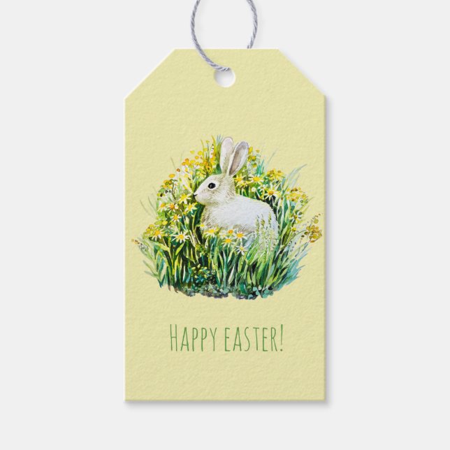 Étiquettes-cadeau Petit lapin blanc et fleurs (Devant)
