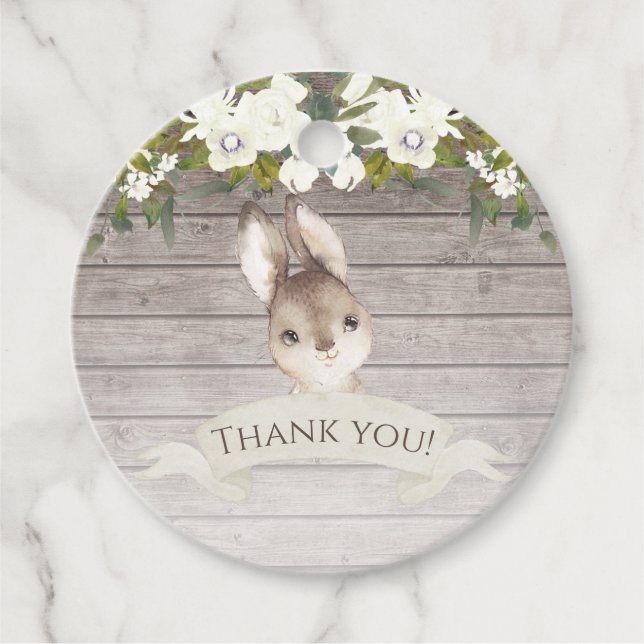 Étiquettes Cadeau Petit lapin en bois rustique merci (Devant)