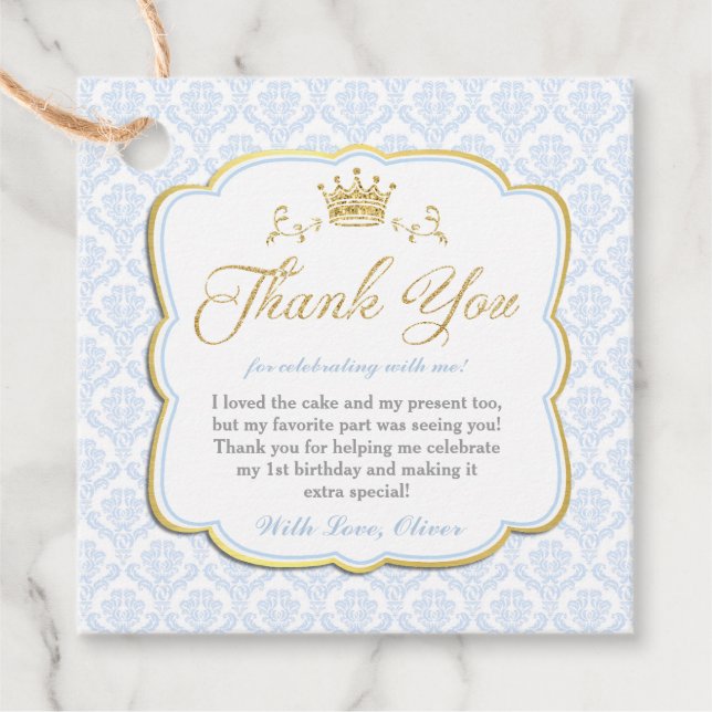 Étiquettes Cadeau Petit Prince Bleu Damas Gold Merci Couronne (Devant)
