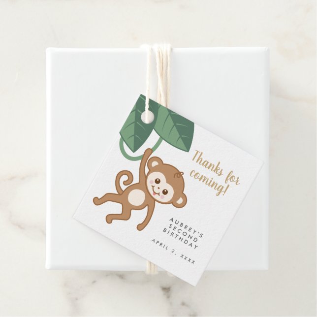 Étiquettes Cadeau Petit singe mignon avec des feuilles tropicaux mer (En situation)