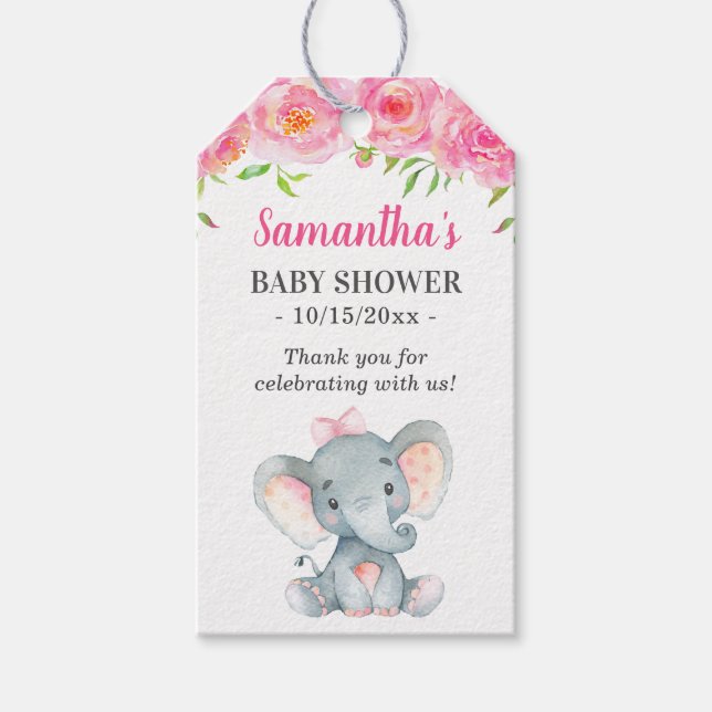 Étiquettes-cadeau Petite arachide rose éléphant bébé fille douche Fa (Devant)
