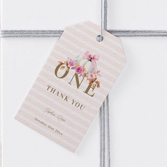 Étiquettes-cadeau Petite Citrouille Bow Roses 1er Anniversaire Éléga (our little pumpkin pink bow girl first birthday gift tag watercolor gold roses fall leaves harvest)