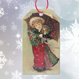 Étiquettes-cadeau Petite fille et chiot de Noël Vintage dans sa bouf