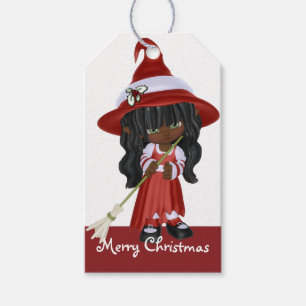 Étiquettes-cadeau Petite sorcière de Noël afro-américaine -