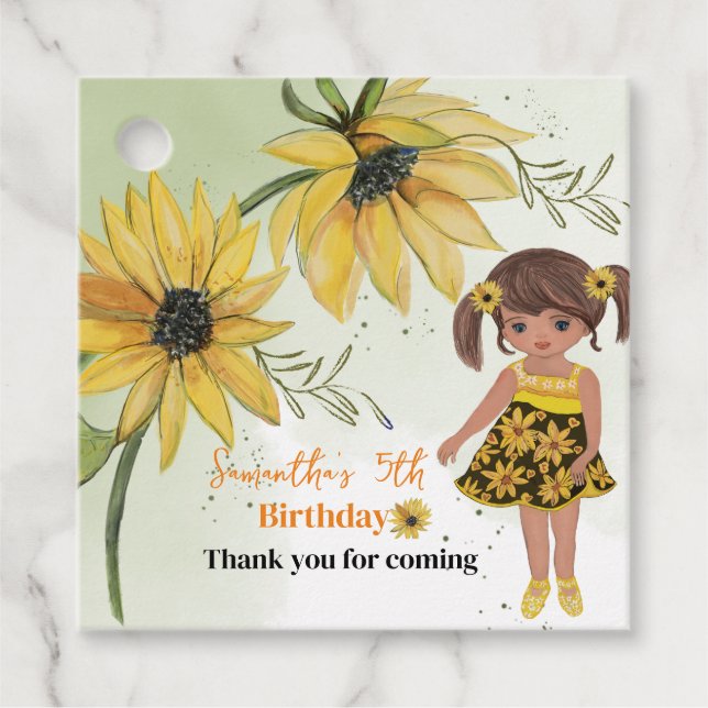 Étiquettes Cadeau Petite Tournesol Aquarelle Cinquième Fille Anniver (Devant)