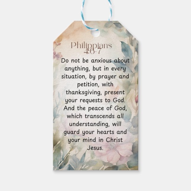 Étiquettes-cadeau Philippiens 4:6-7 Bible chrétienne Verse Aquarelle (Devant)