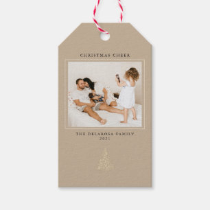 Étiquettes-cadeau Photo Arbre doré moderne Noël Cheer Kraft