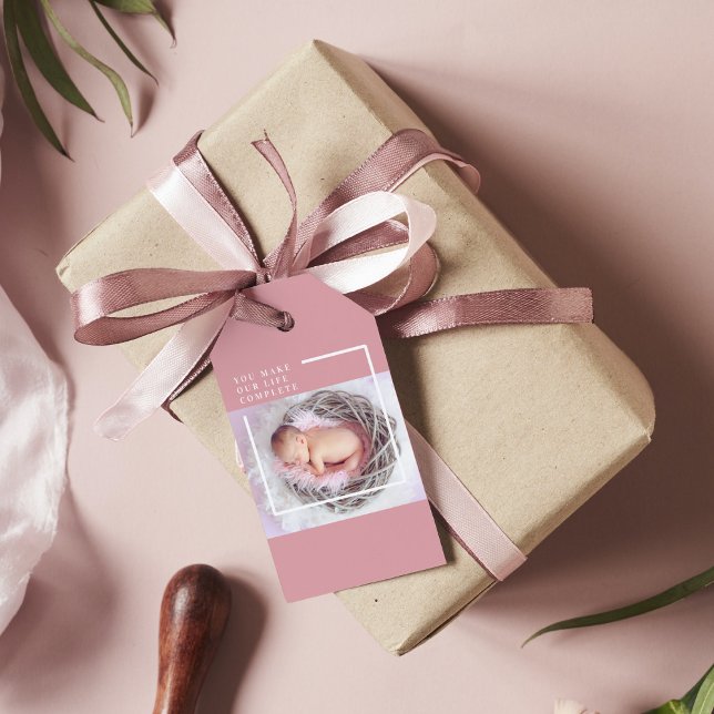 Étiquettes-cadeau Photo bébé mignonne moderne | Rose et blanc | Devi (Créateur téléchargé)