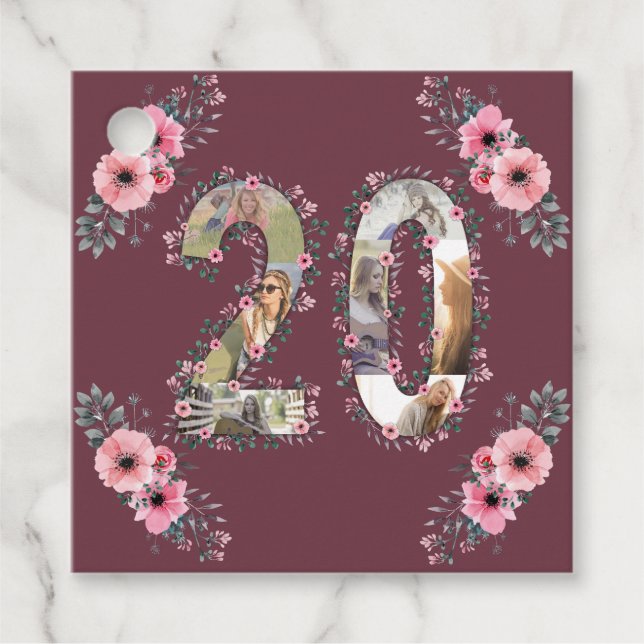 Étiquettes Cadeau Photo Collage Big 20th Birthday Girl Pink Flower (Devant)