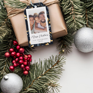 Étiquettes-cadeau Photo de la feuille de Noël bleu et or