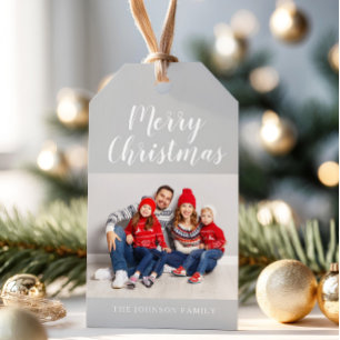 Étiquettes-cadeau Photo de Noël en écriture grise élégante