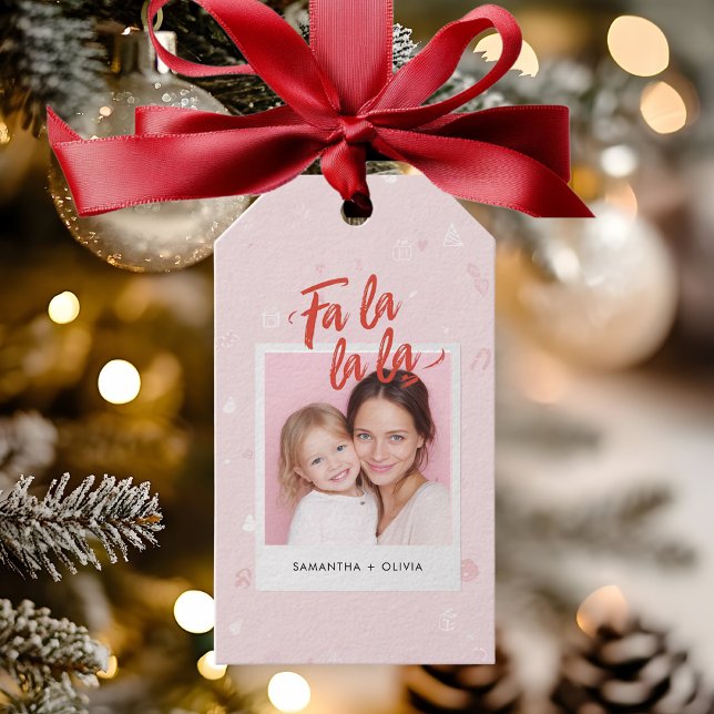Étiquettes-cadeau Photo de Noël rose Fa La La La personnalisé (Créateur téléchargé)