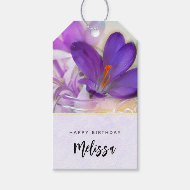 Étiquettes-cadeau Photo d'un Anniversaire de Crocus au printemps vio (Devant)