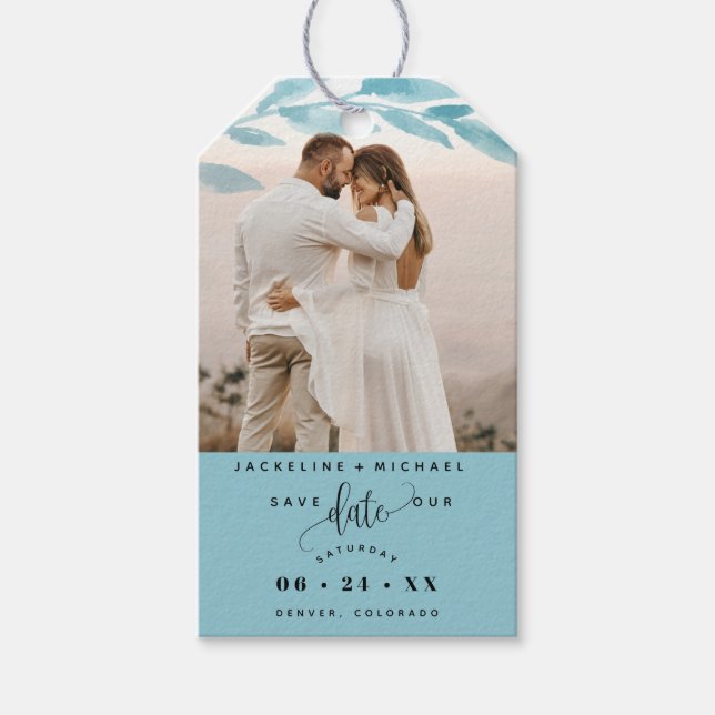 Étiquettes-cadeau Photo, Mariage Feuille Dusty Blue Sauvez la date (Devant)