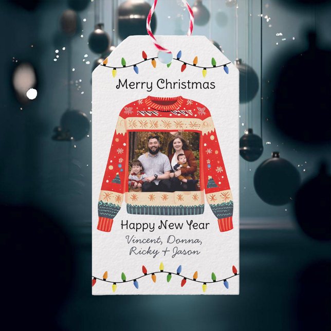 Étiquettes-cadeau Photo personnalisée Sweat de Noël moche (Créateur téléchargé)