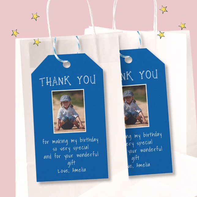 Étiquettes-cadeau Photo simple personnalisée bleue Merci d'anniversa (Créateur téléchargé)