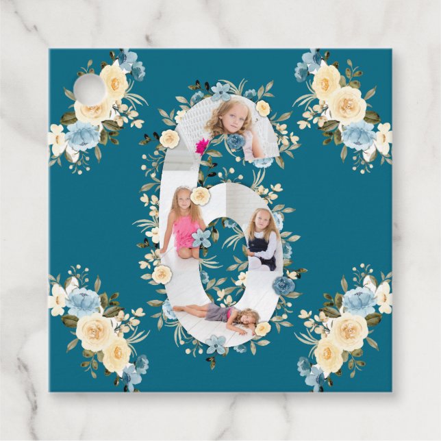 Étiquettes Cadeau Photo turquoise 6e anniversaire Collage Bleu Fleur (Devant)
