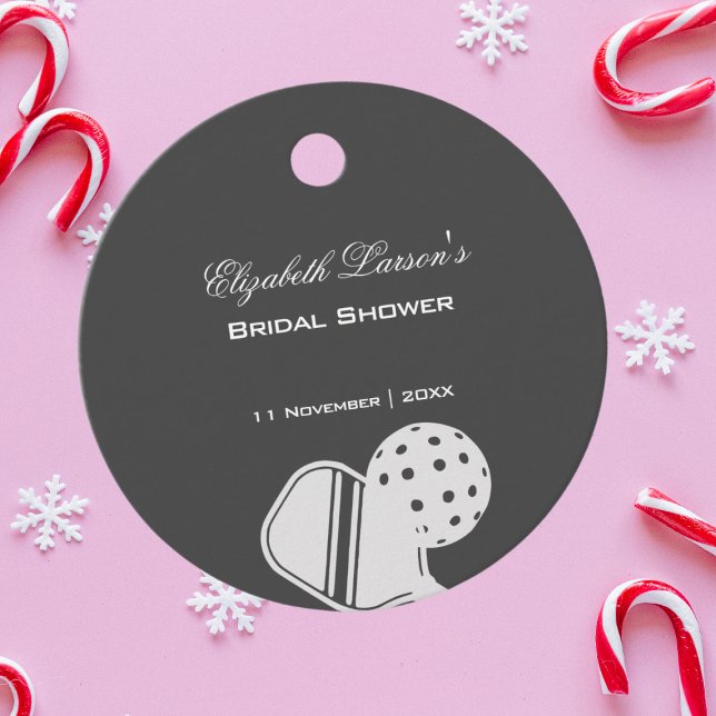 Étiquettes Cadeau Pickleball Love Fête des mariées Noir & Blanc (Créateur téléchargé)