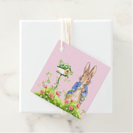 Étiquettes Cadeau Pierre le lapin dans son jardin rose