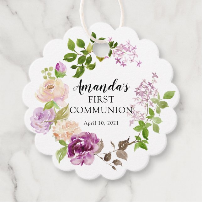 Étiquettes Cadeau Pies pourpres Floral Première Communion sainte (Devant)
