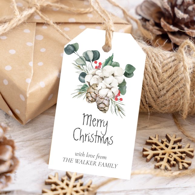 Étiquettes-cadeau Pin aux cônes, baies d'hiver, bourgeons de coton (Pine tree with cones, winter berries, cotton buds gift tags)