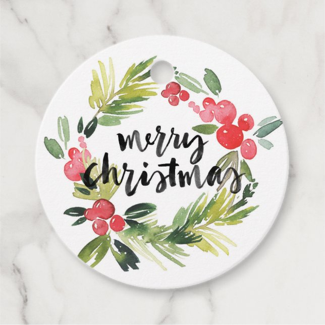 Étiquettes Cadeau Pin d'aquarelle et couronne blanche Joyeux Noël (Devant)