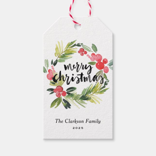 Étiquettes-cadeau Pin d'aquarelle et couronne blanche Joyeux Noël (Devant)