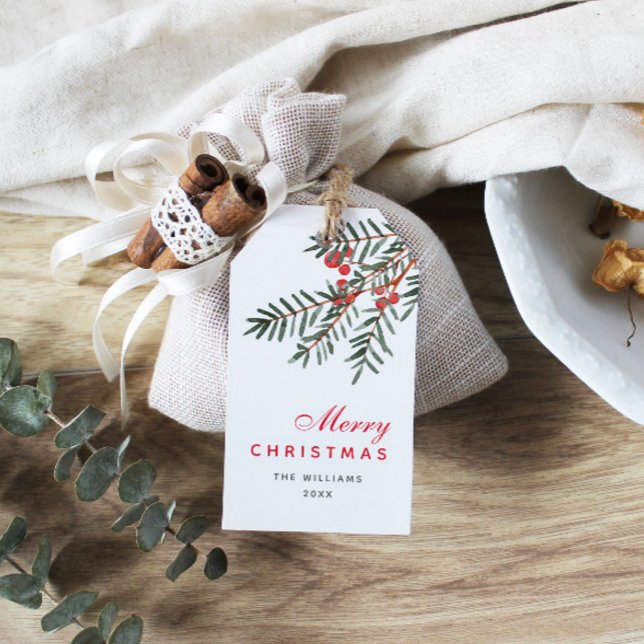 Étiquettes-cadeau Pine Branch et Berry Fêtes Personnalisées (Créateur téléchargé)
