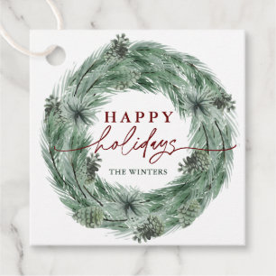 Étiquettes Cadeau Pine Tree Wreath Happy Holidays Green & Red
