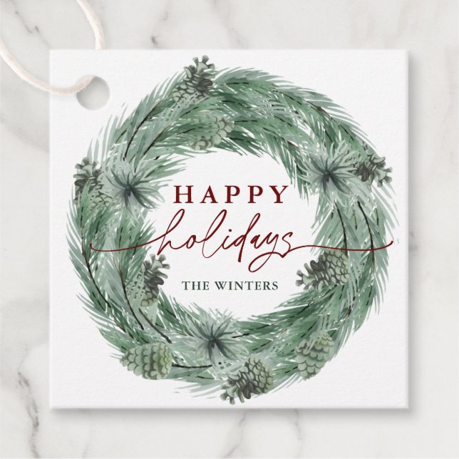 Étiquettes Cadeau Pine Tree Wreath Happy Holidays Green & Red (Devant)
