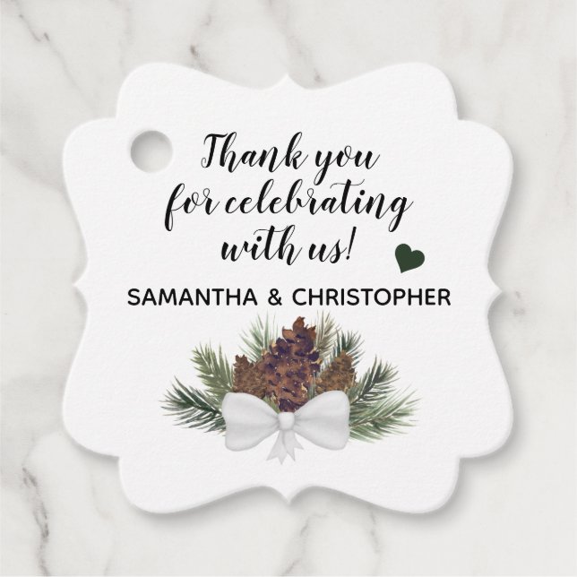 Étiquettes Cadeau Pinecones rustiques et branches de pin Mariage Mer (Devant)