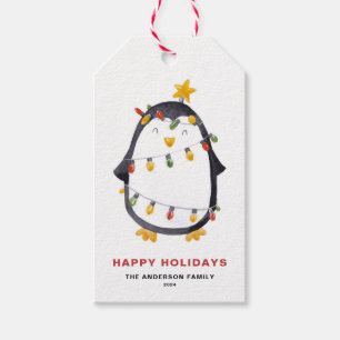 Étiquettes-cadeau Pingouin aquarelle avec les lumières de Noël