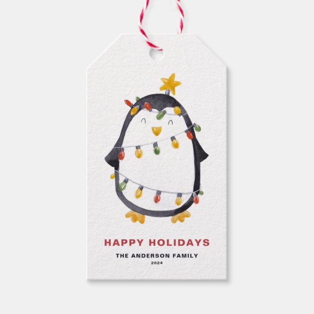 Étiquettes-cadeau Pingouin aquarelle avec les lumières de Noël (Devant)
