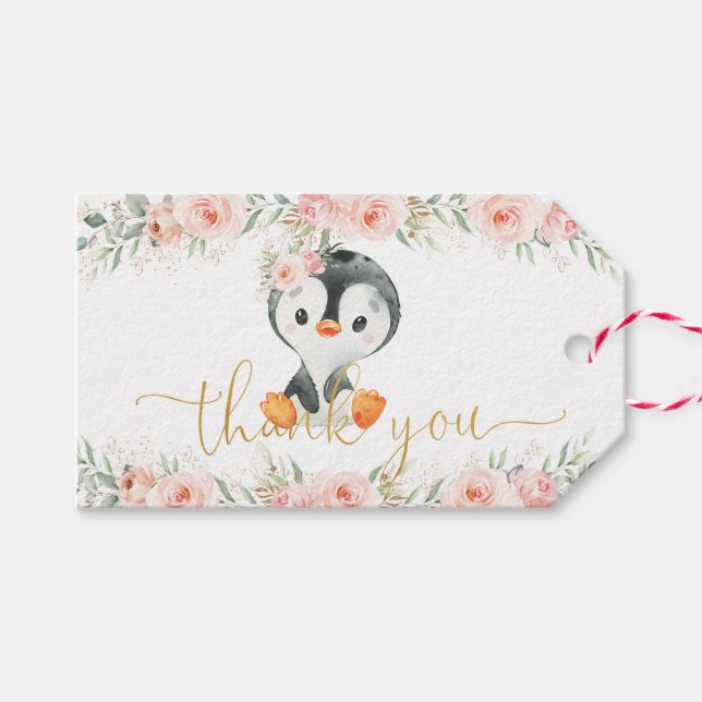 Étiquettes-cadeau Pingouin Blush Floral Baby shower fête d'anniversa (Devant (Horizontal))