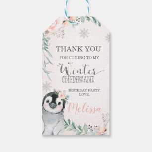 Étiquettes-cadeau Pingouin d'argent floral hiver Onederland Annivers
