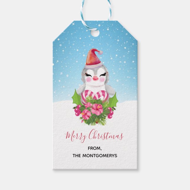 Étiquettes-cadeau Pingouin de Noël mignon à Santa Hat (Devant)