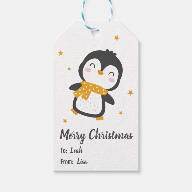 Étiquettes-cadeau Pingouin de Noël mignon sur blanc (Devant)