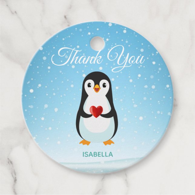 Étiquettes Cadeau Pingouin mignon avec coeur sur bleu clair (Devant)