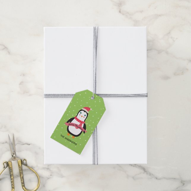 Étiquettes-cadeau Pingouin mignon customisé de "Joyeux Noël" (Avec de la ficelle)