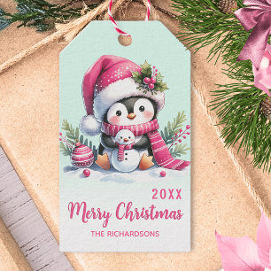 Étiquettes-cadeau Pingouin vert à la menthe rose et amusant Noël