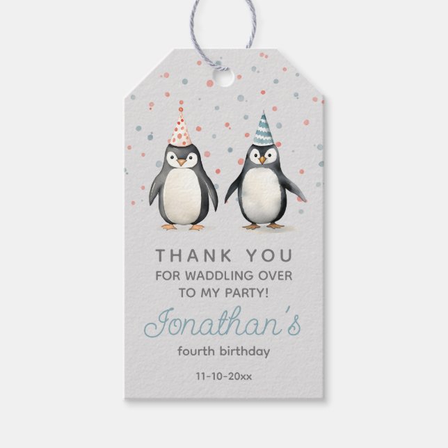 Étiquettes-cadeau Pingouins de fête, aquarelle, anniversaire d'enfan (Devant)